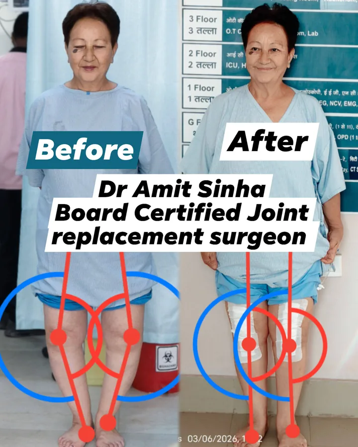 Before and after knee replacement result — patient treated by Dr. Amit Kumar Sinha at BIG Apollo Spectra Hospital, Patna